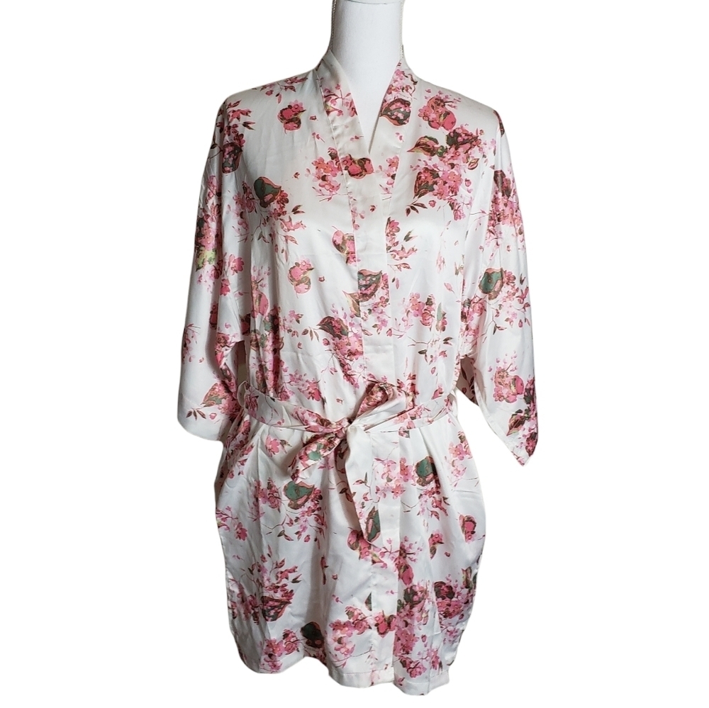 Icing Bridal Bar Pink Floral Dressing Robe Size S/M Satin Kimono Lingerie Belted